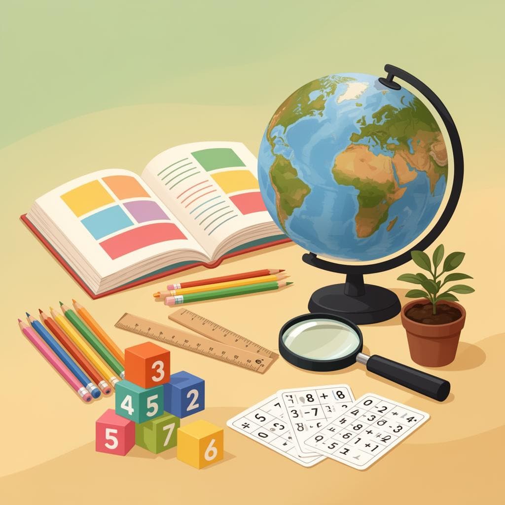Second grade learning supplies including books, globe, colored pencils, and math materials